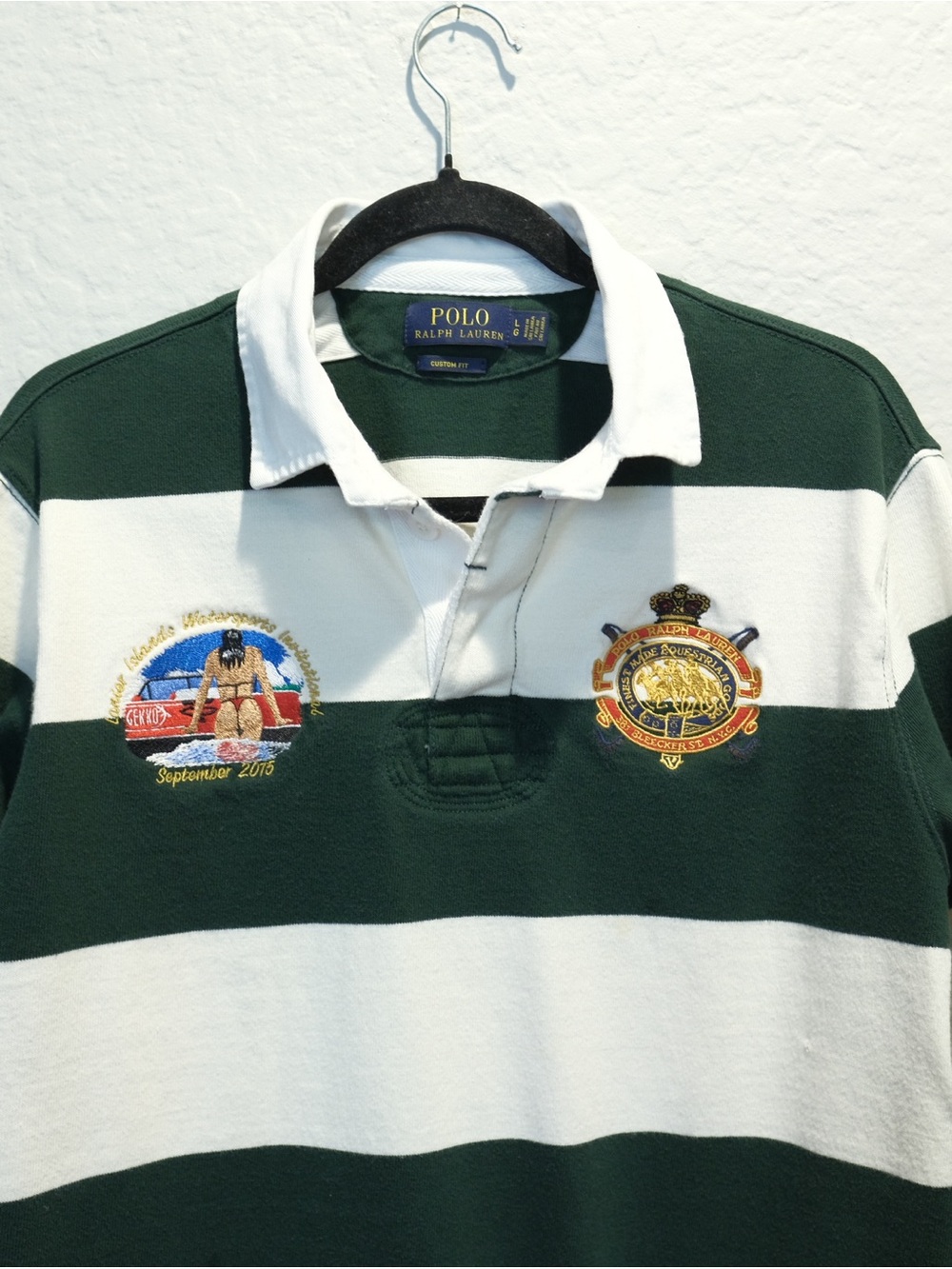 Polo Ralph Lauren Rugby Shirt Men L Green White Embroidered Crest Sailing Preppy - Picture 3 of 11